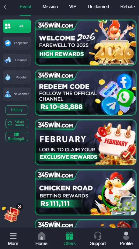 rewards and bonuses in 345Win Game