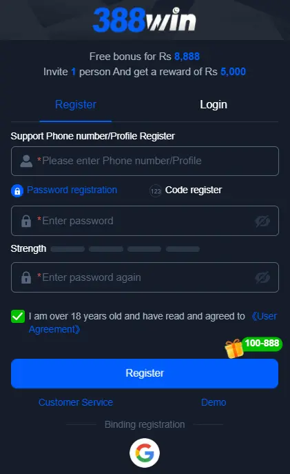 Registration & Login Process of 388win Game