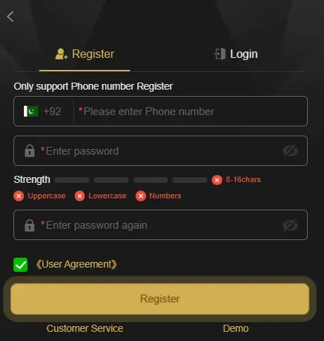 Register and Login screen 